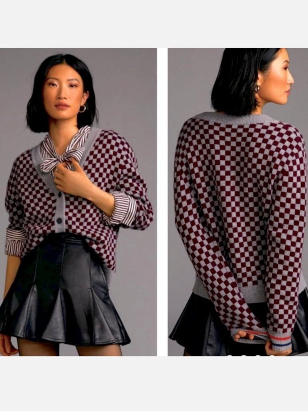 KULE The Knite Cardigan Sz Small Heather Grey & Wine Checkered Euro French Chic